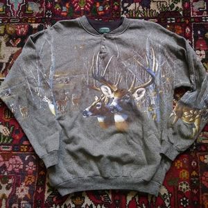 Vintage Nature Print Sweat Shirt Pockets Deer
